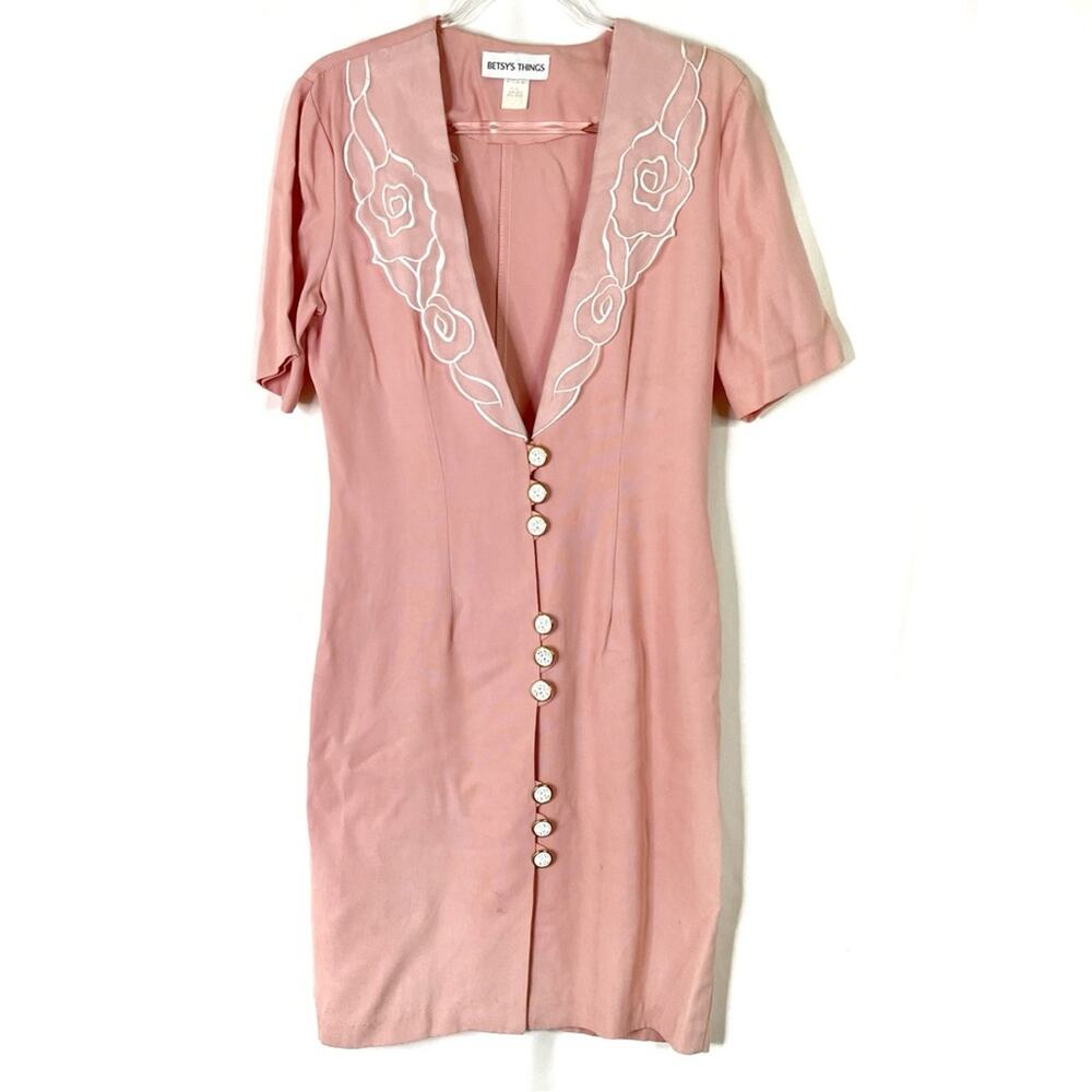 Betsy's Things Vintage Pink Button Front Short Sleeve Dress Circa 1980s USA 5/6